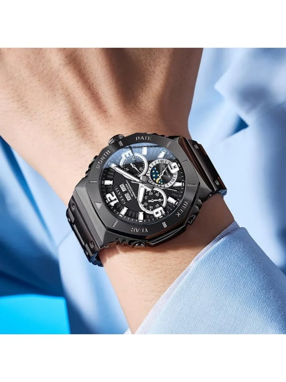Men's Black & White Automatic Mechanical Multi-Function Chronograph Luxury Watch